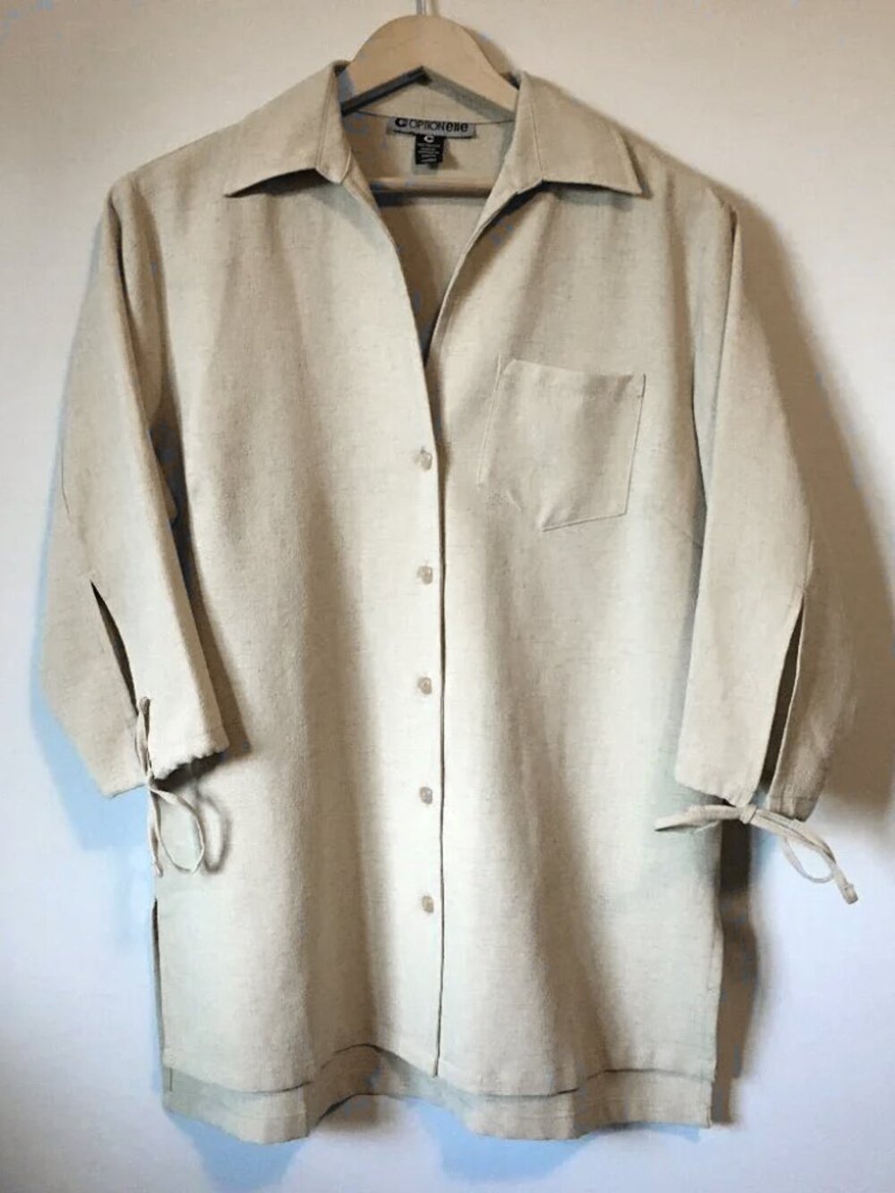 Vintage Optionelle Beige Button Down Tie Sleeve Top Made in Canada Large